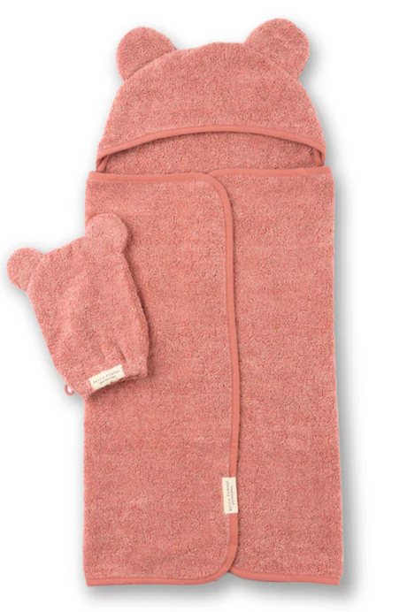 Hooded Towel + Wash Mitt Set | Watermelon in soft terry fabric with cute bear ears for baby bath time comfort.