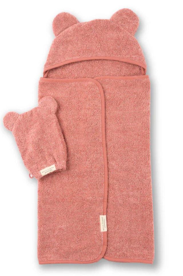 Hooded Towel + Wash Mitt Set | Watermelon in soft terry fabric with cute bear ears for baby bath time comfort.