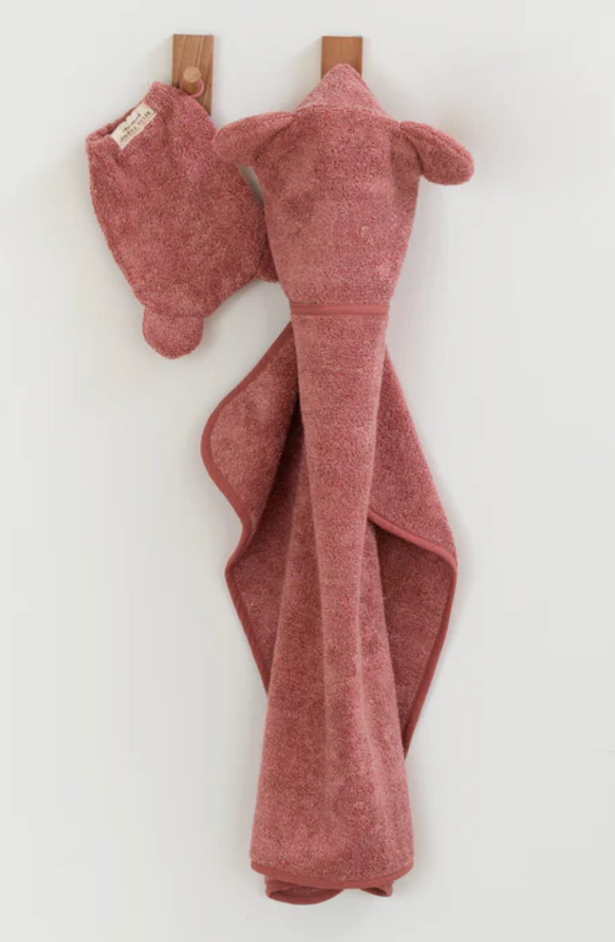 Hooded Towel + Wash Mitt Set | Watermelon in cozy terry fabric with cute ears, perfect for baby bath time.