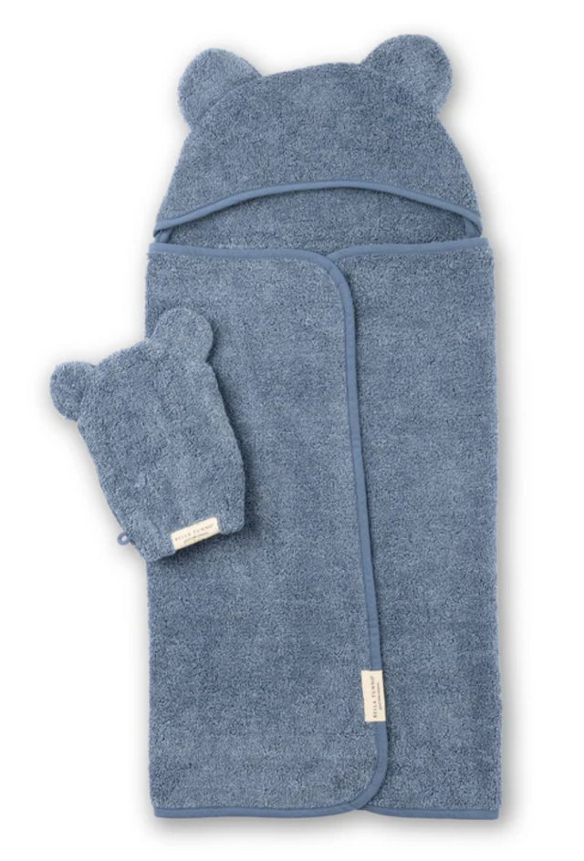 Hooded Towel + Wash Mitt Set | Rain in soft blue terry with cute bear ears for baby's bath time comfort.