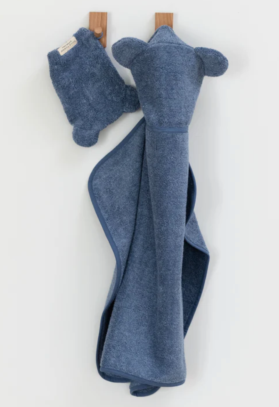 Hooded Towel + Wash Mitt Set | Rain in soft blue terry fabric with cozy hood and cute ears for baby bath time.