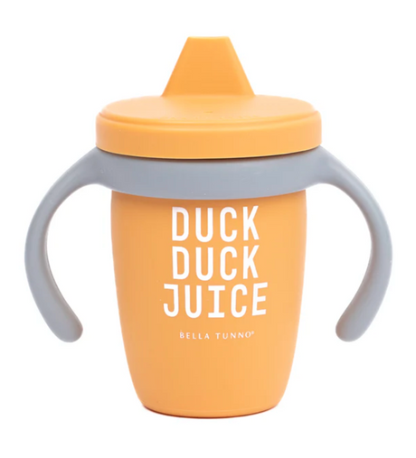 Happy Sippy Cup | Duck Duck Juice in orange silicone with gray handles, designed for easy toddler drinking.