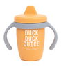 Happy Sippy Cup | Duck Duck Juice in orange silicone with gray handles, designed for easy toddler drinking.