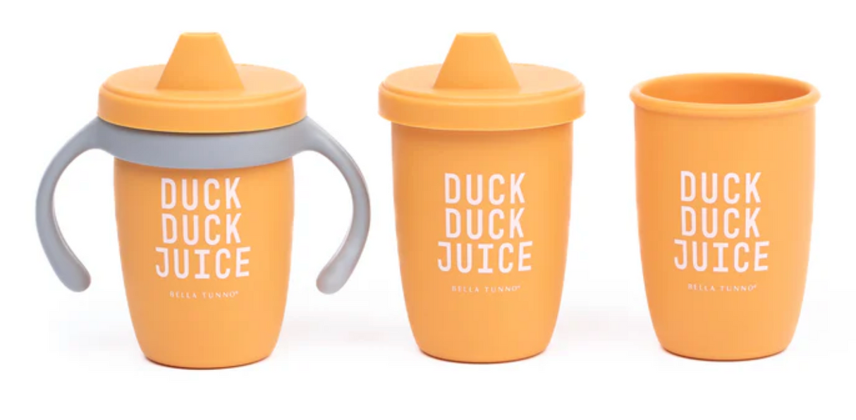 Happy Sippy Cup | Duck Duck Juice orange silicone sippy cup with removable handles and lid for toddlers, 8 oz capacity.