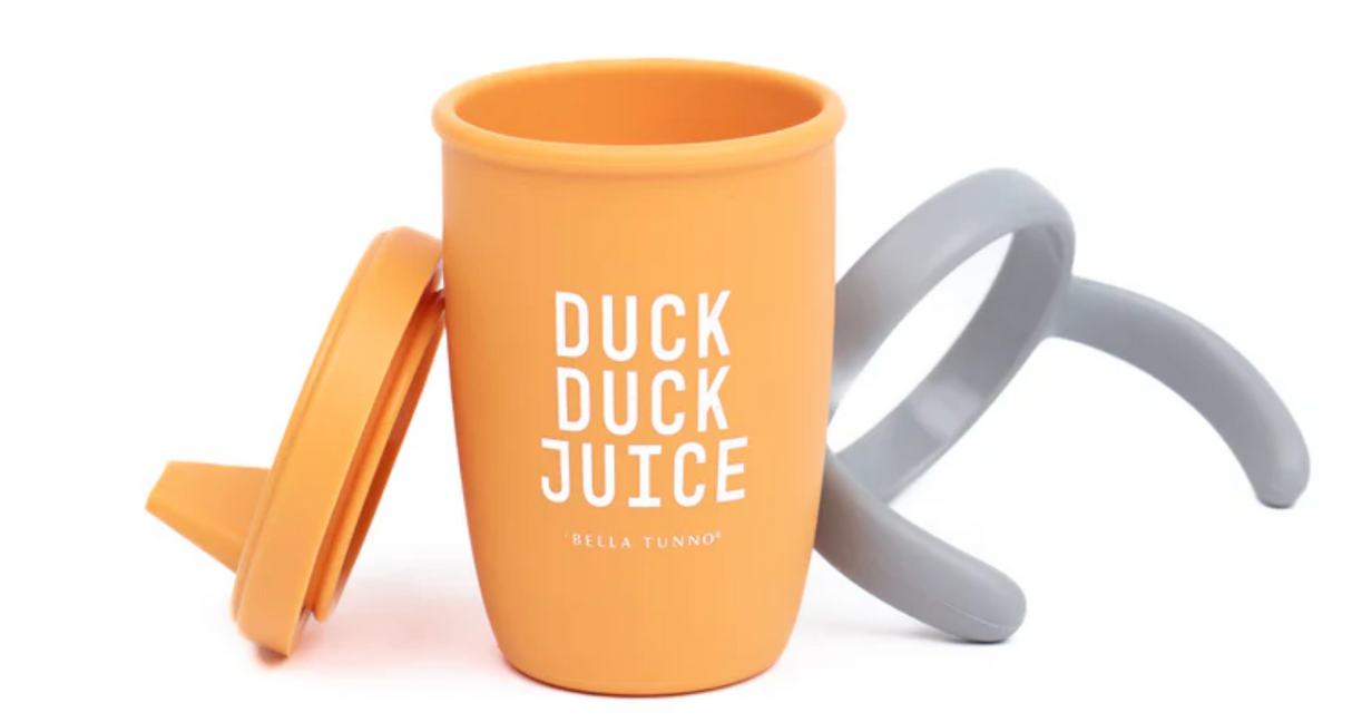 Happy Sippy Cup | Duck Duck Juice in orange silicone with removable lid and gray handles for toddler use.