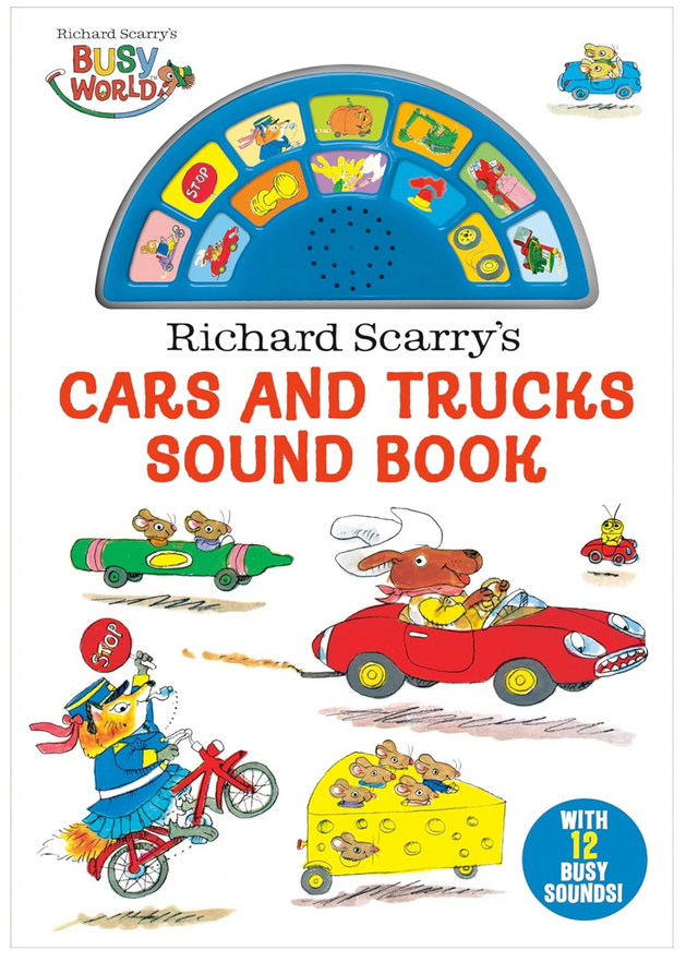 Richard Scarry’s Cars & Trucks Soundbook featuring colorful vehicles and interactive sound buttons for toddlers ages 0-3.