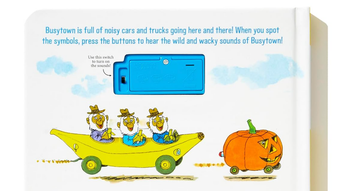 Back cover of Richard Scarry's Cars & Trucks Soundbook showing interactive sound buttons and colorful illustrations.