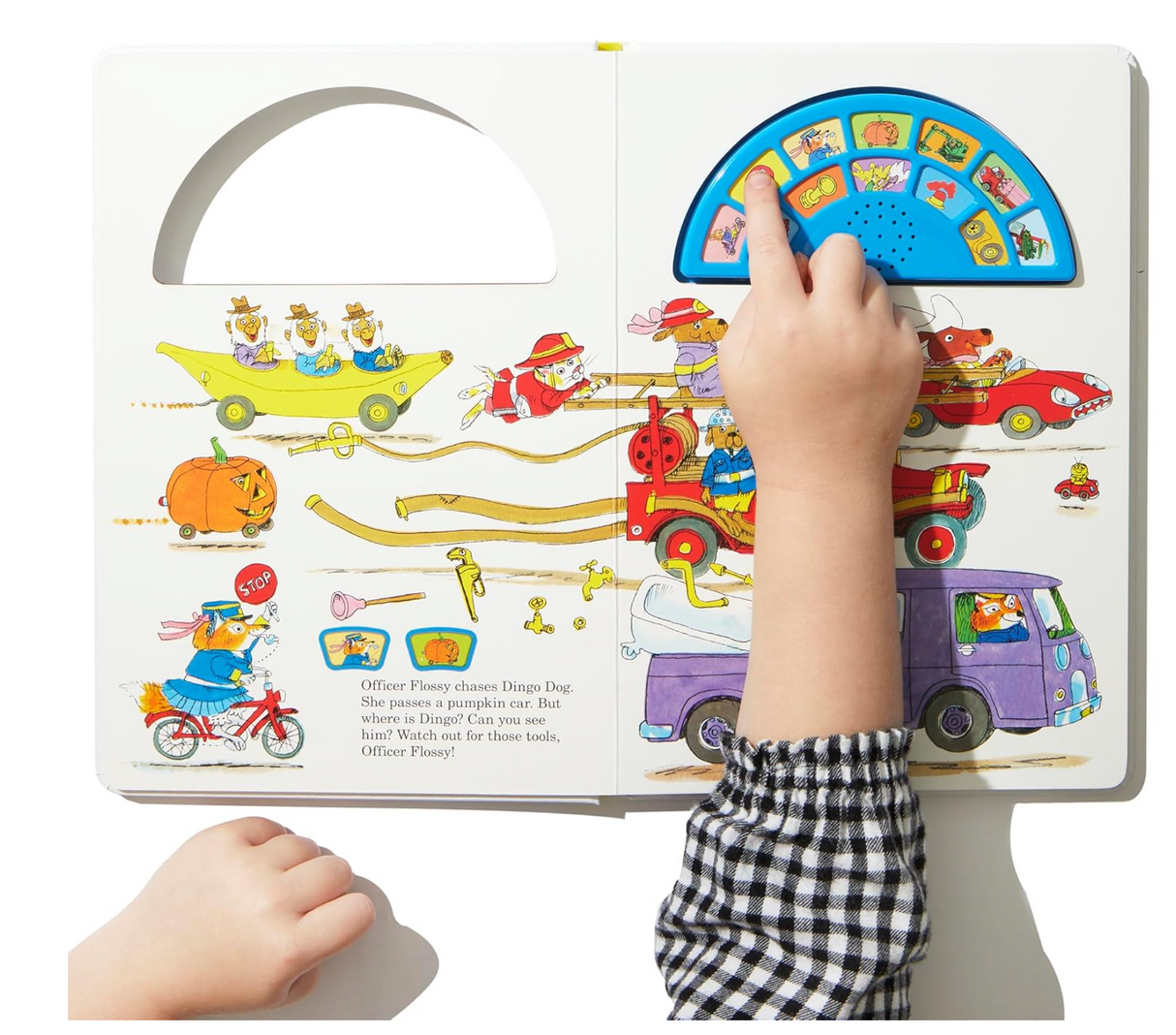 Richard Scarry's Cars & Trucks Soundbook open with a child's hand pressing sound buttons and colorful illustrations of vehicles.