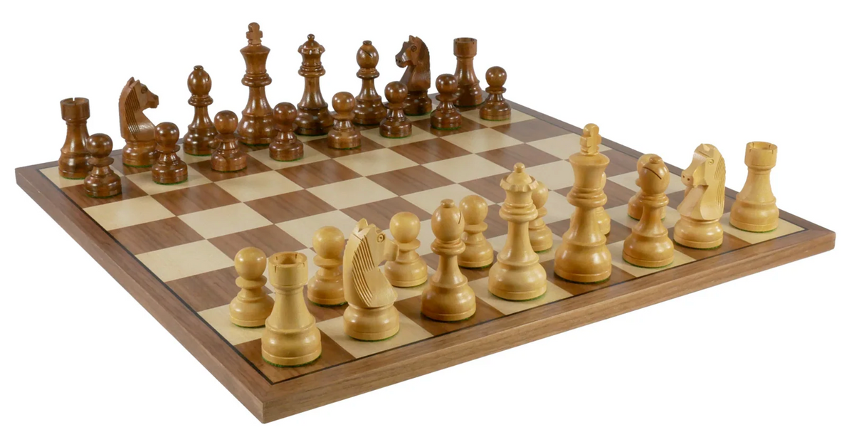 Chess Set Acaciawood/Boxwood on Walnut/Maple Board with detailed German Knight pieces on a stylish 17" wooden chessboard.