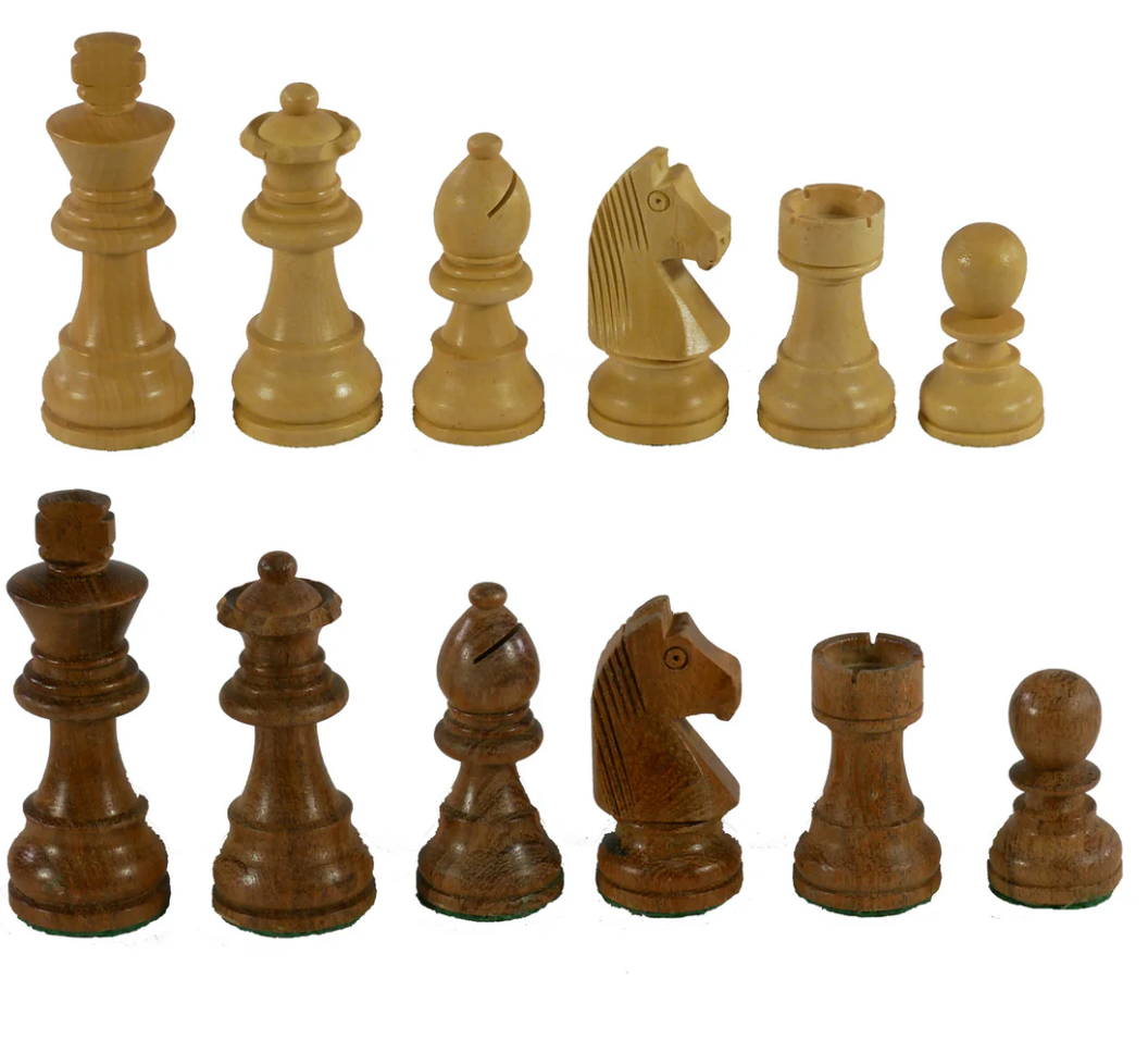 Chessmen Sheesham/Boxwood German chess pieces set featuring light and dark single weighted felted bases, 3” King height.