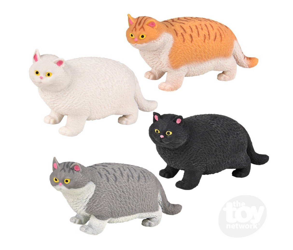 Stretchy House Cat fidget toys in assorted colors including black, gray, white, and orange for stress relief.