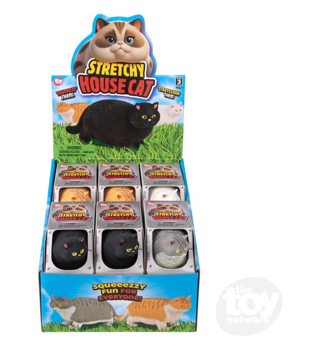 Stretchy House Cat sand-filled fidget toys in assorted colors, packaged in an open display box for stress relief.