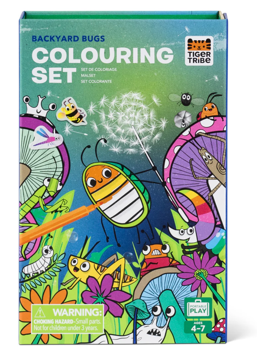 Backyard Bugs Coloring Set featuring colorful bug illustrations on a sturdy, portable box for kids aged 4-7.
