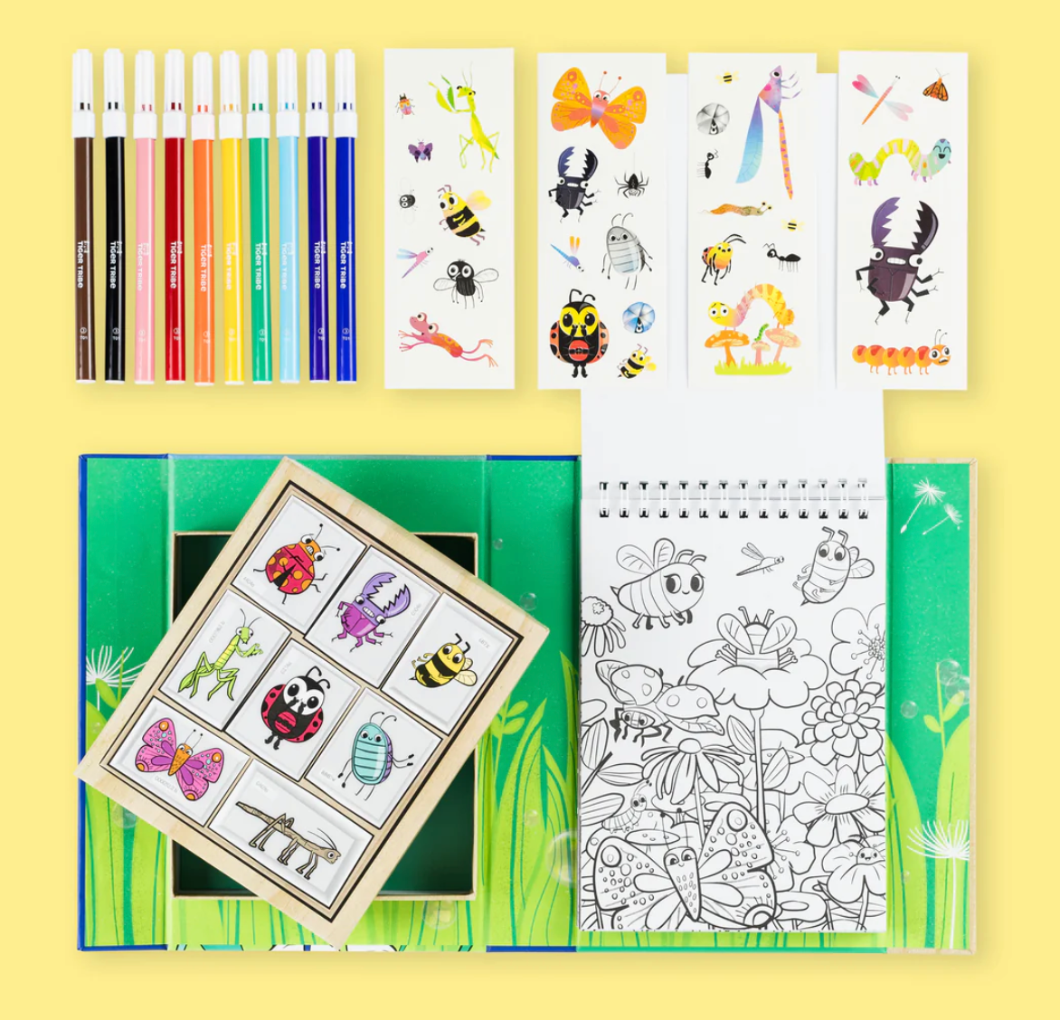 Coloring Set | Backyard Bugs featuring markers, bug stickers, and illustrated coloring pages in a magnetic storage box.