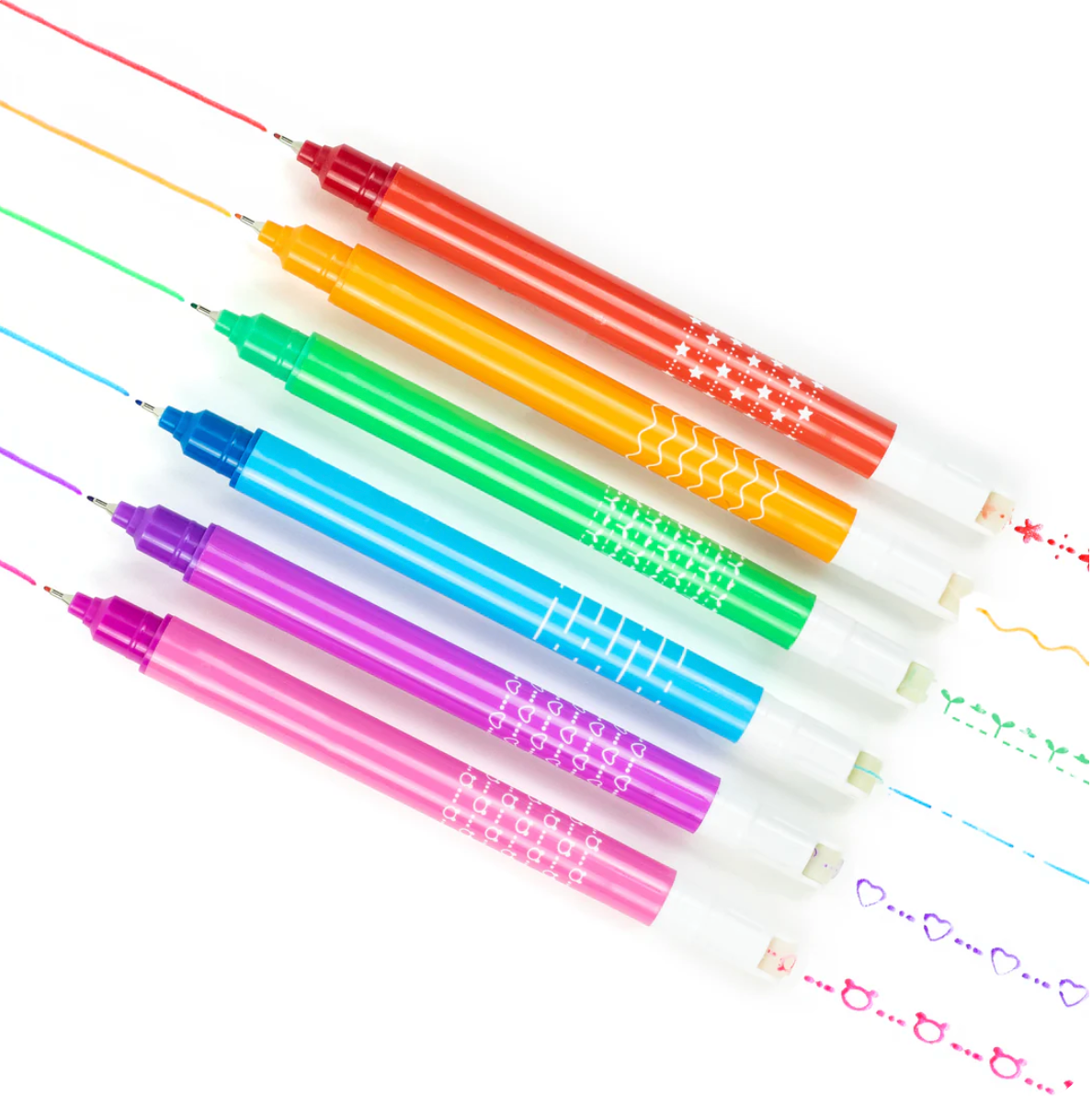 Roller Pattern Pens set of six double-ended colorful pens with fine tips and unique rolling stamps for kids.