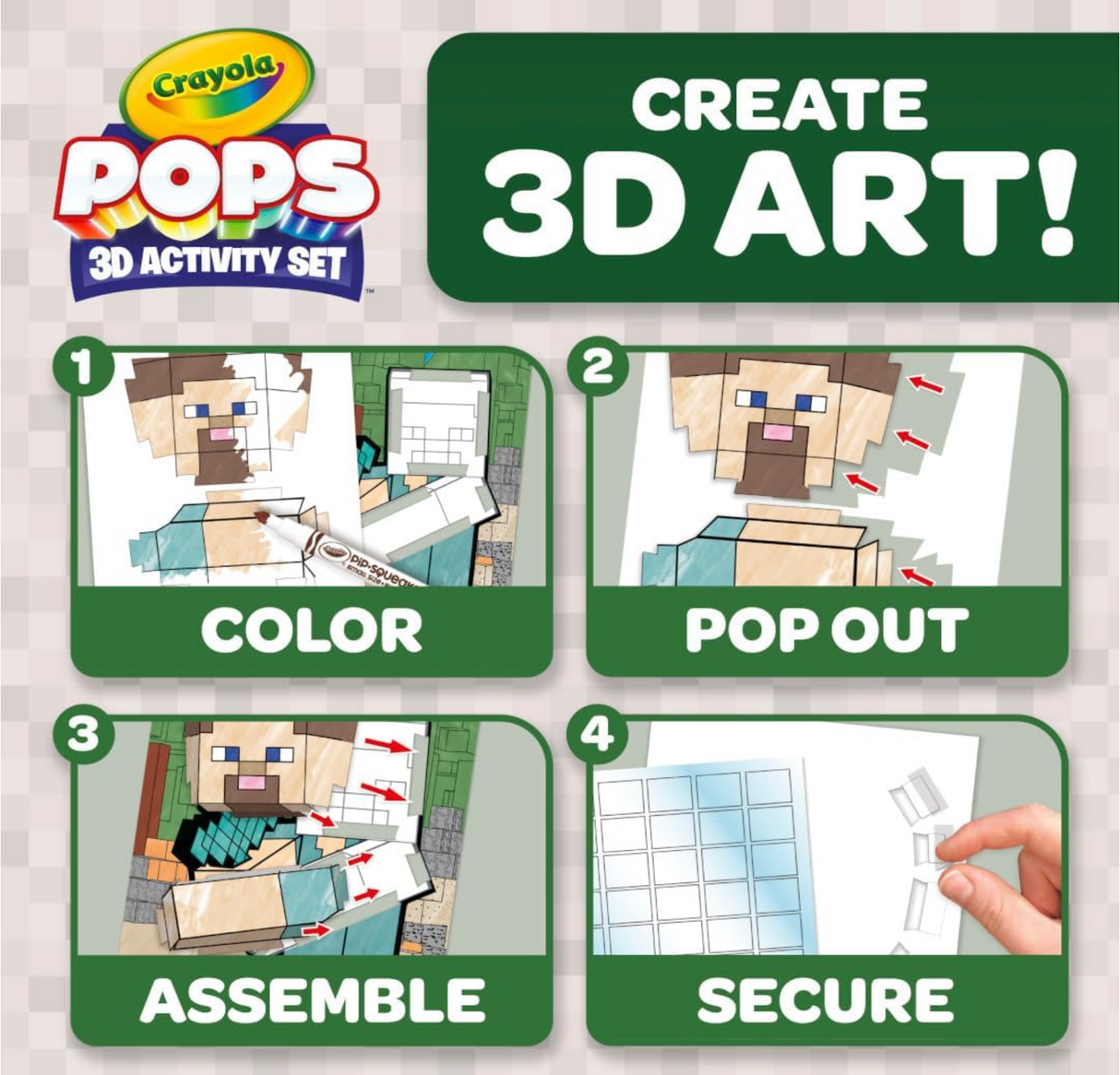 Crayola Pops | Minecraft 3D Activity Set showing coloring, popping out, assembling, and securing Minecraft character pieces.