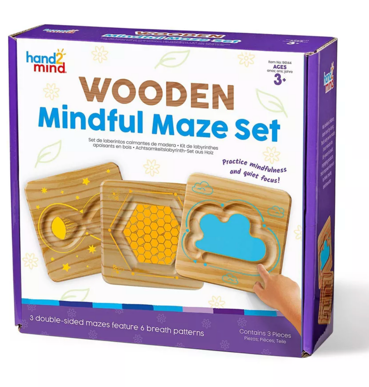 Wooden Mindful Maze Set with 3 double-sided boards featuring nature-themed breath patterns for calming and focus.