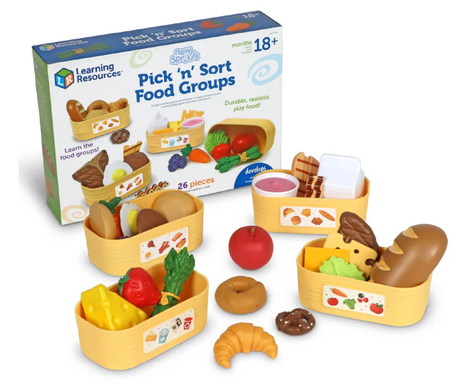 Pick n Sort Food Groups with realistic play food pieces sorted into fruits, veggies, grains, proteins, and dairy baskets.