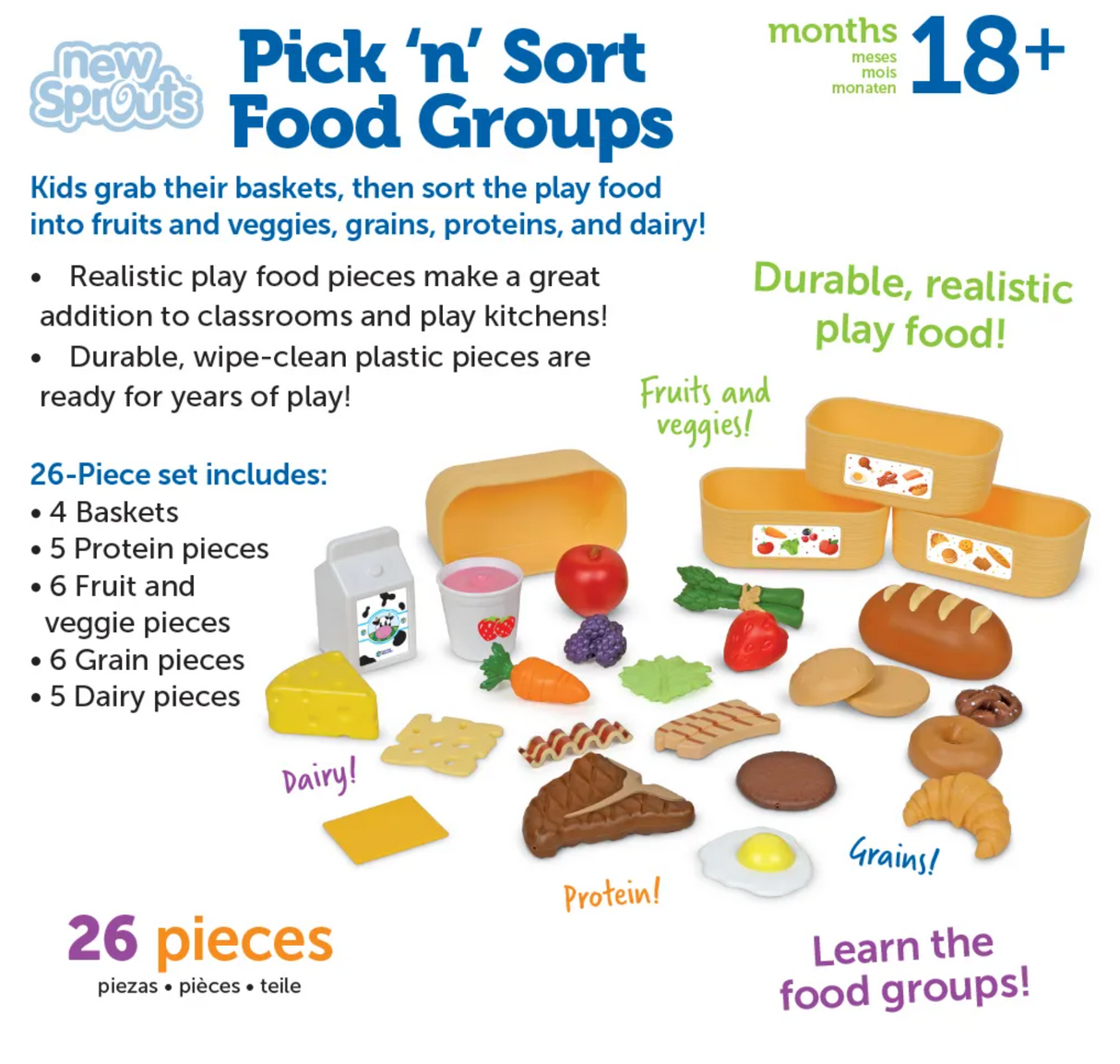Pick n Sort Food Groups with 26 realistic play food pieces for kids to sort fruits, veggies, grains, proteins, and dairy.