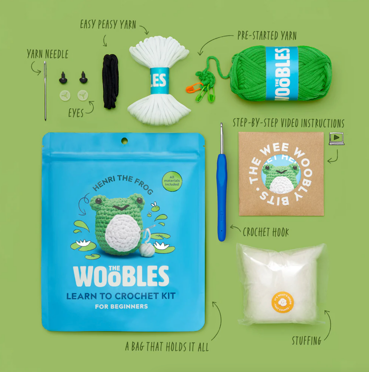 Woobles Crochet Kit | Henri the Frog with yarn, crochet hook, stuffing, plastic eyes, and step-by-step video instructions.