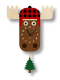 Wood Pendulum Clock | Moose with flannel hat and swinging pine tree pendulum, natural wood finish wall clock.