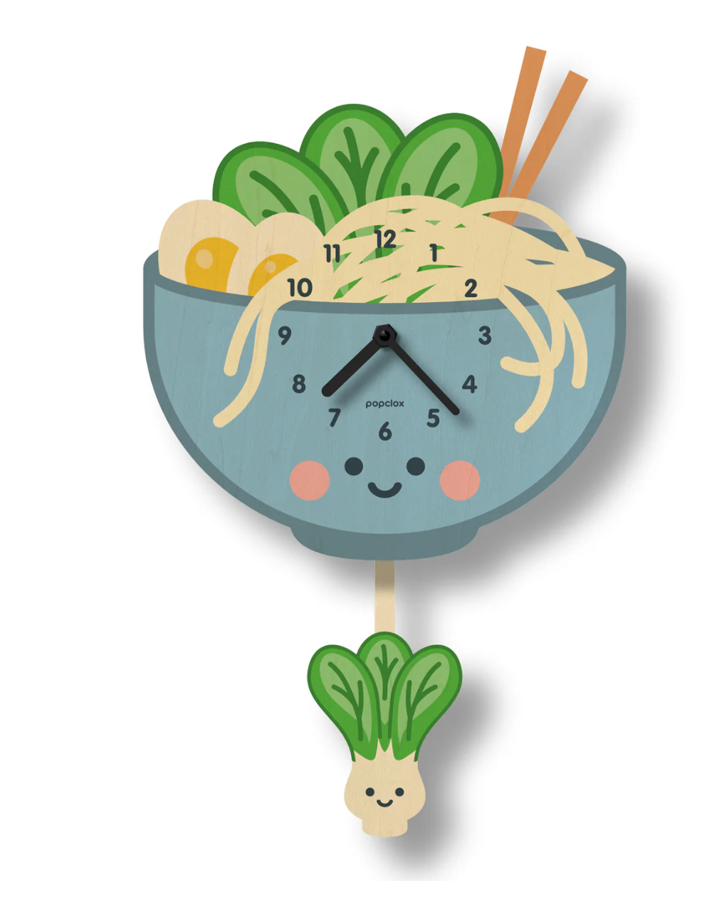 Wood Pendulum Clock | Ramen with smiling bowl, noodles, chopsticks, and bok choy pendulum in a playful design.