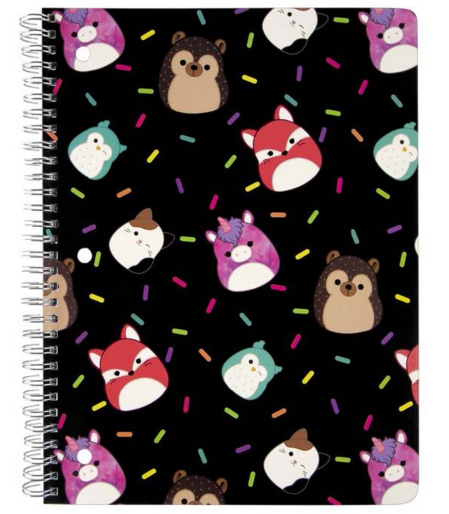Squish Spiral Notebook | Black with colorful animal and unicorn designs on a black background and spiral binding.
