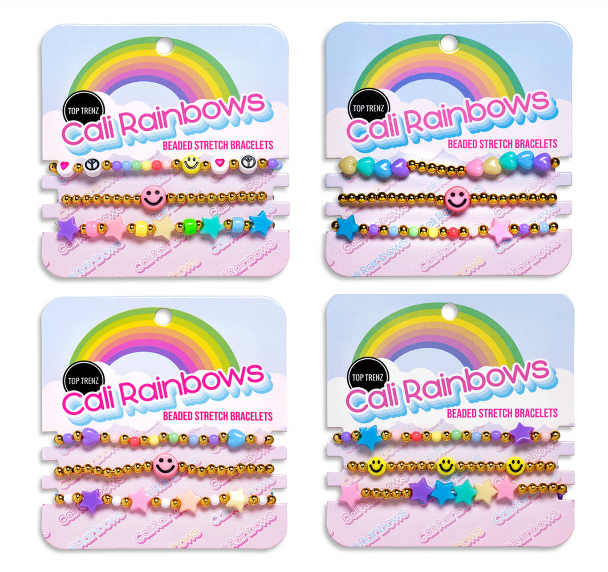 Image showing four sets of Cali Rainbows Beaded Stretch Bracelets in colorful charm designs with smiley faces and stars.