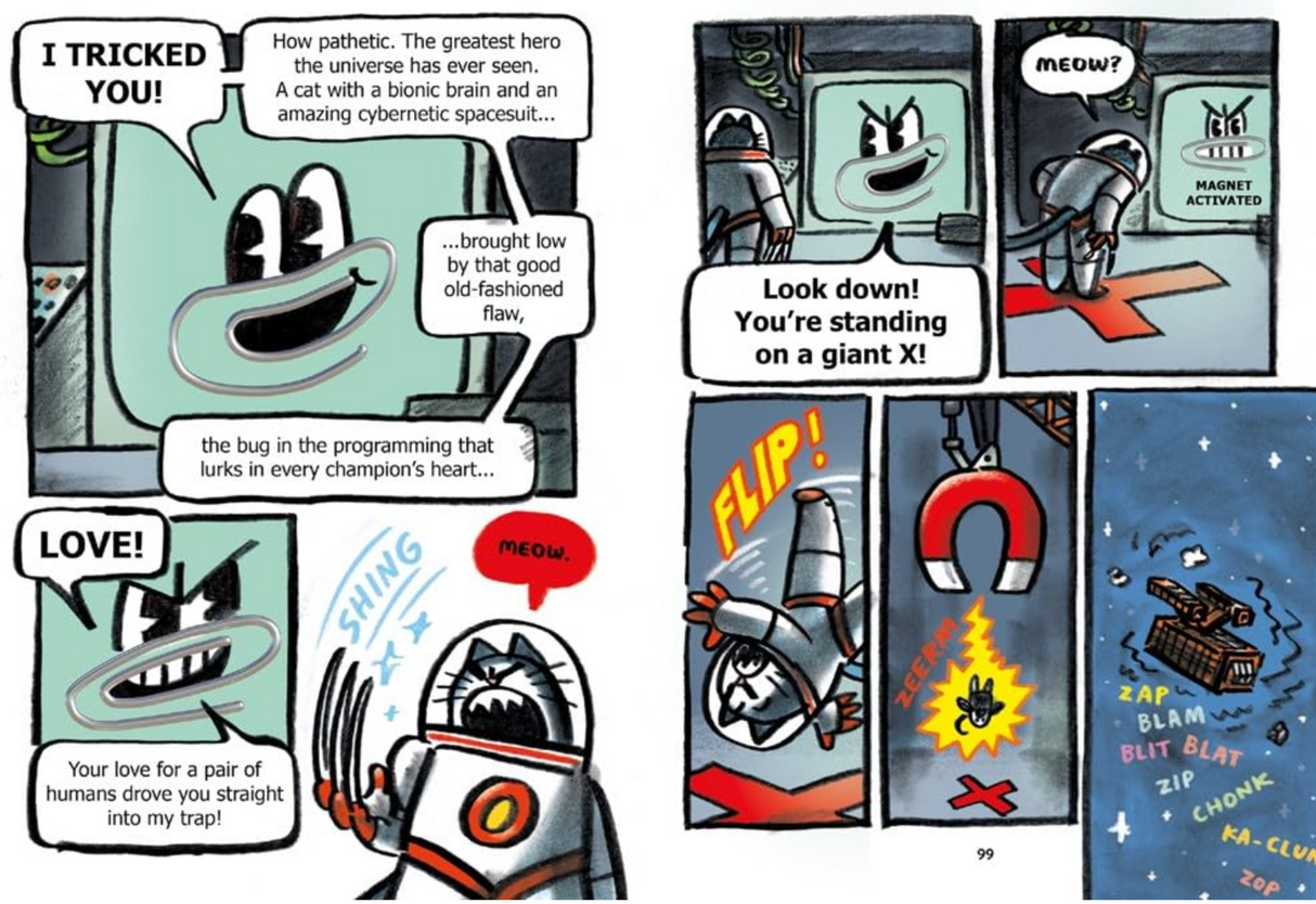 Comic panels from First Cat in Space and the Wrath of the Paperclip showing a robotic villain and a cat in a space suit.