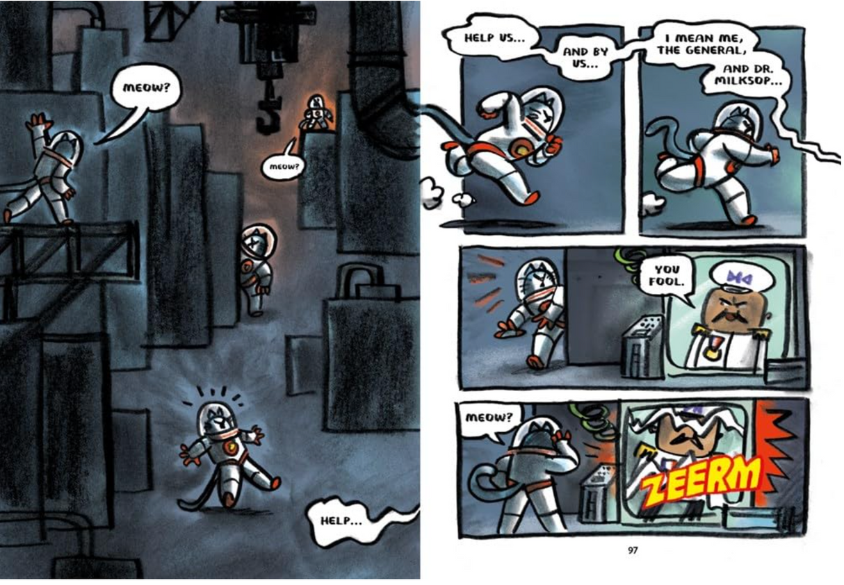 First Cat in Space and the Wrath of the Paperclip graphic novel page showing space-suited cats in a dark industrial setting.