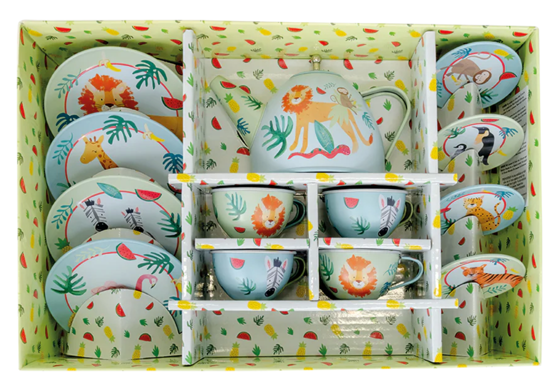 Tea Set | Jungle 14-piece set with animal designs including lion, giraffe, and zebra in a handy storage box for imaginative play.