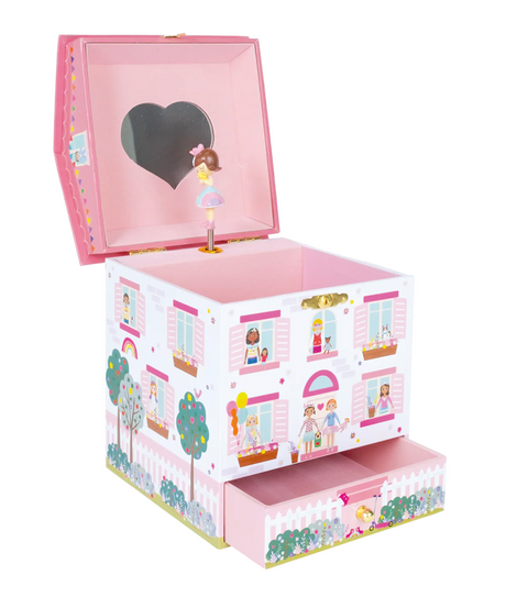 Jewelry Box | Dolls House with twirling dolly, heart-shaped mirror, drawer, and colorful gift box in pastel pink design.