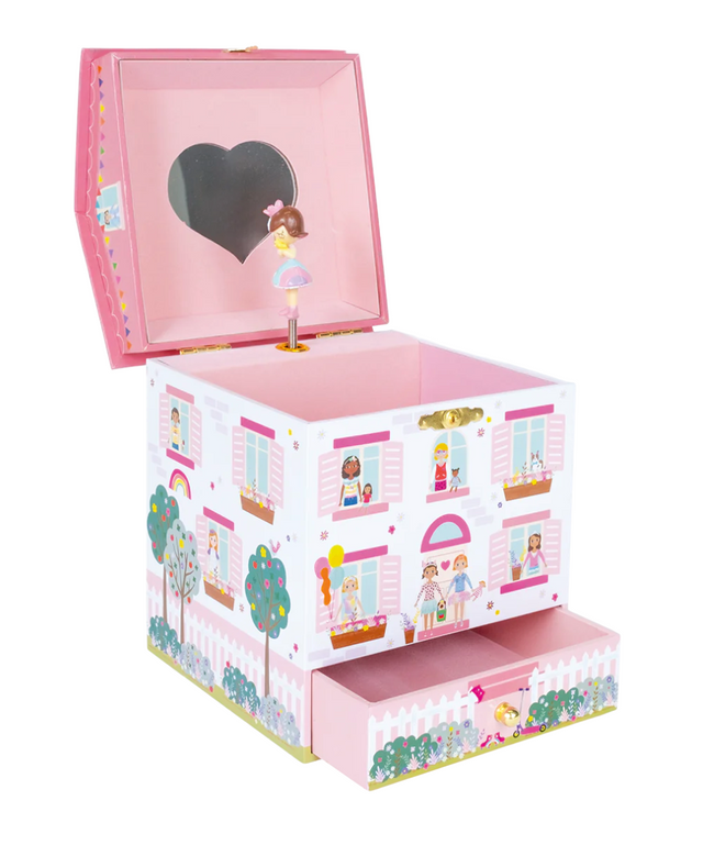 Jewelry Box | Dolls House with twirling dolly, heart-shaped mirror, drawer, and colorful gift box in pastel pink design.