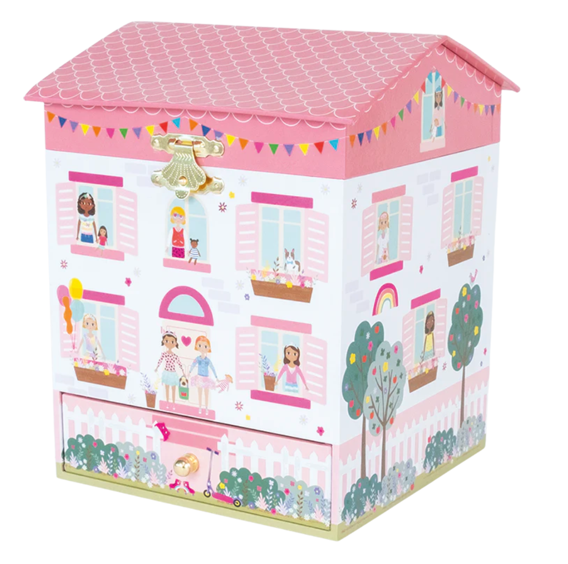 Jewelry Box | Dolls House with pink roof, colorful doll illustrations, and a drawer for storing trinkets and treasures.