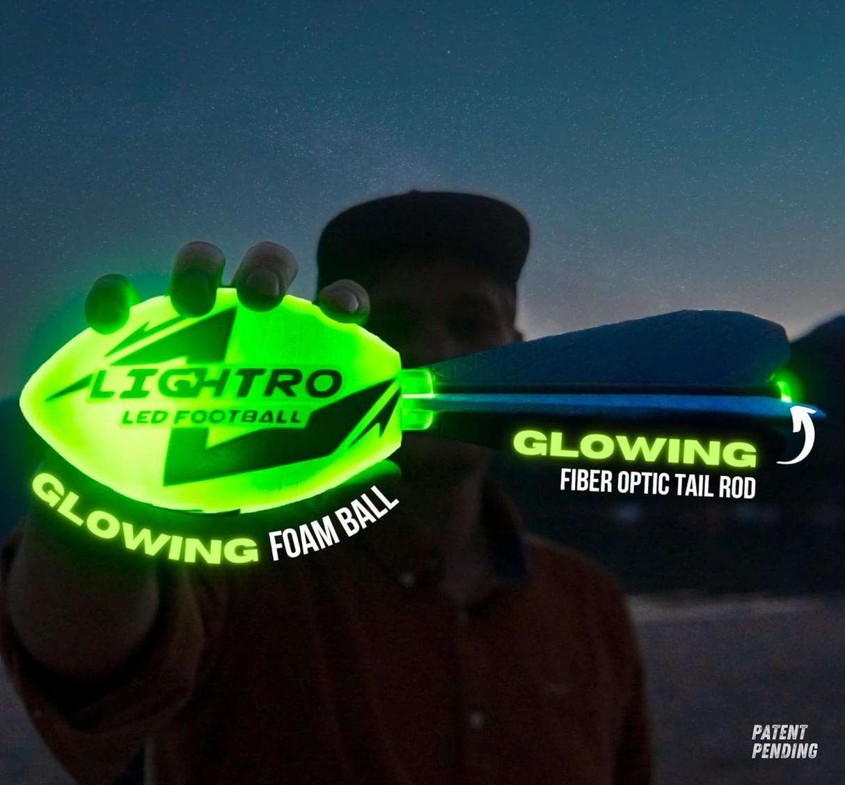 Lightro Glow Football foam ball glowing bright with fiber optic tail rod for night play and easy catching.