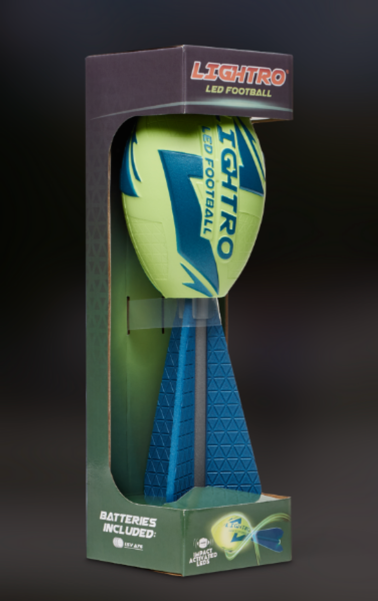 Lightro Glow Football LED foam football in green and blue with batteries included in display packaging.