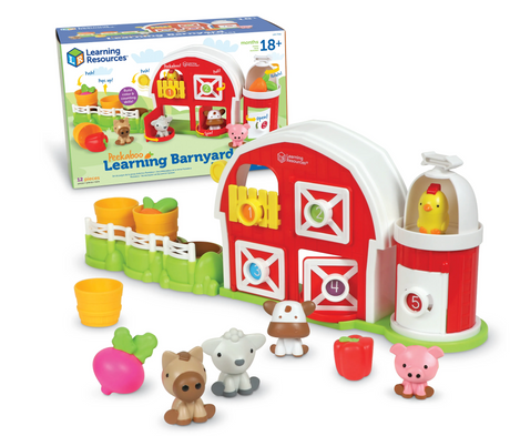 Peekaboo Learning Barnyard toy with barn, animal figures, colorful vegetables, and interactive counting doors for toddlers.