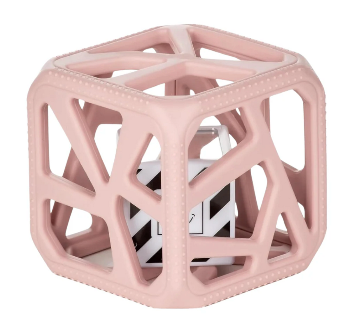 Chew Cube | Mauve features a soft textured teether cube with black and white rattle inside for sensory stimulation.