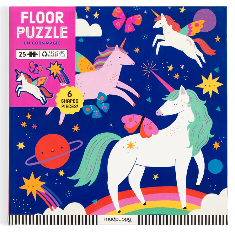 25pc Unicorn Magic Floor Puzzle with colorful unicorns, stars, planets, and 6 shaped pieces on a rainbow space background.