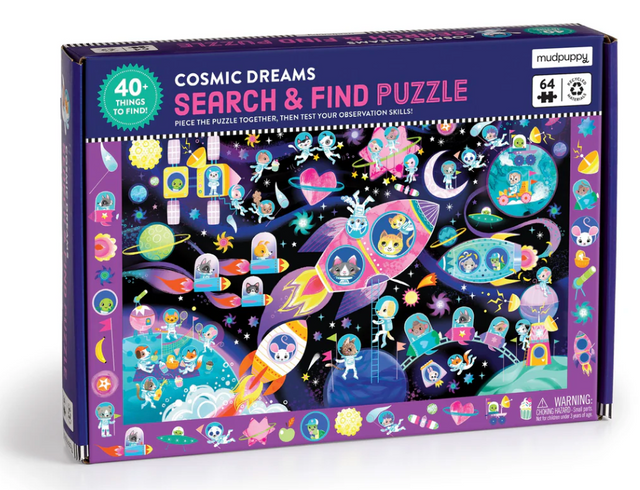 64pc Cosmic Dreams Search & Find Puzzle featuring cosmic cats and animals on rocket adventures in outer space.