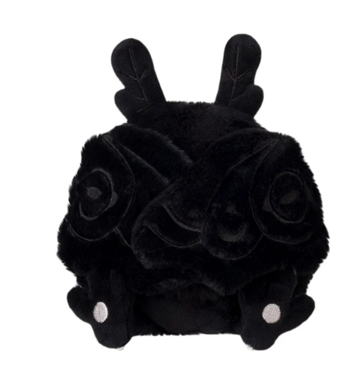 Baby Mothman Snackers plush with jet-black fur, floppy wings, and red eyes, perfect for all ages.
