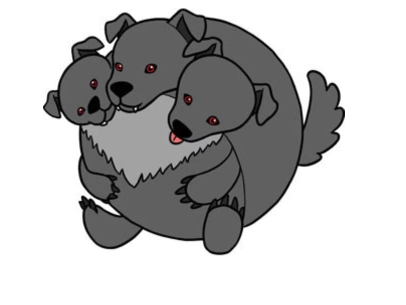 Cerberus Snackers plush toy with three friendly dark gray dog heads, soft and cuddly for all ages.
