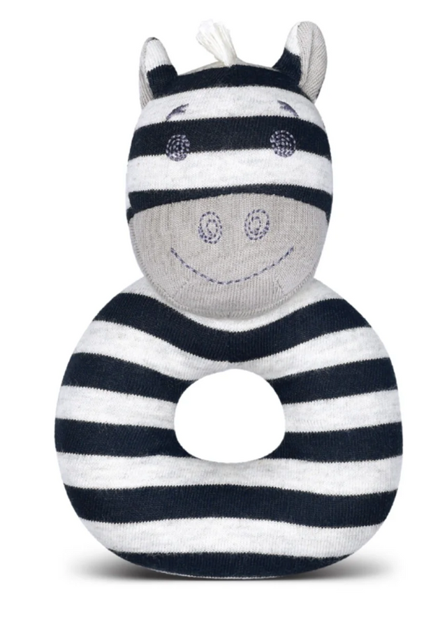 Soft organic cotton zebra-shaped rattle toy with embroidered details, perfect for babies - Organic Zebra Ziggy Rattle