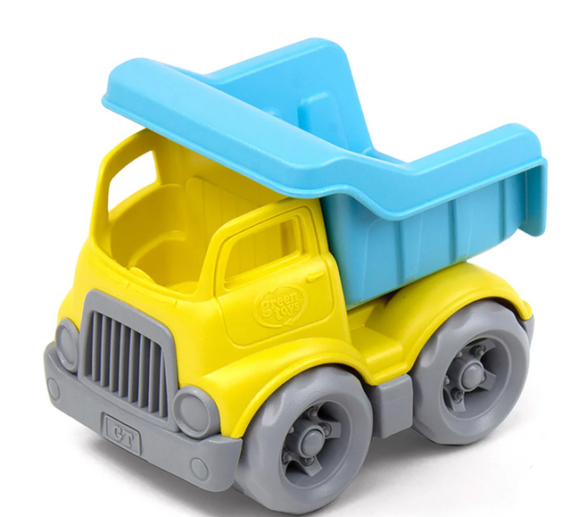 Green Toys Dumper OceanBound toy truck in yellow and blue made from 100% recycled OceanBound plastic for eco-friendly play.
