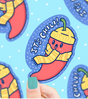 It's Chili Hot Pepper Sticker featuring a cute chili wearing a yellow hat and scarf, weatherproof and scratch resistant.
