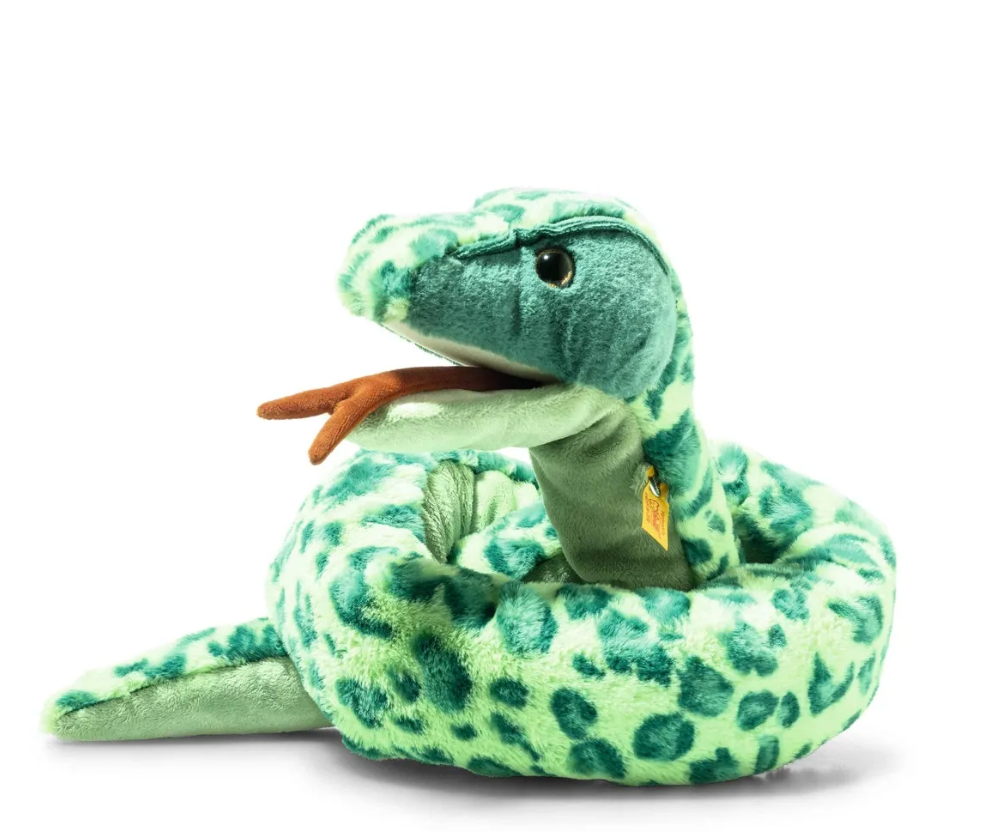 Soft and realistic plush Snake Gin toy in green with spots, loosely stuffed and perfect for imaginative play.