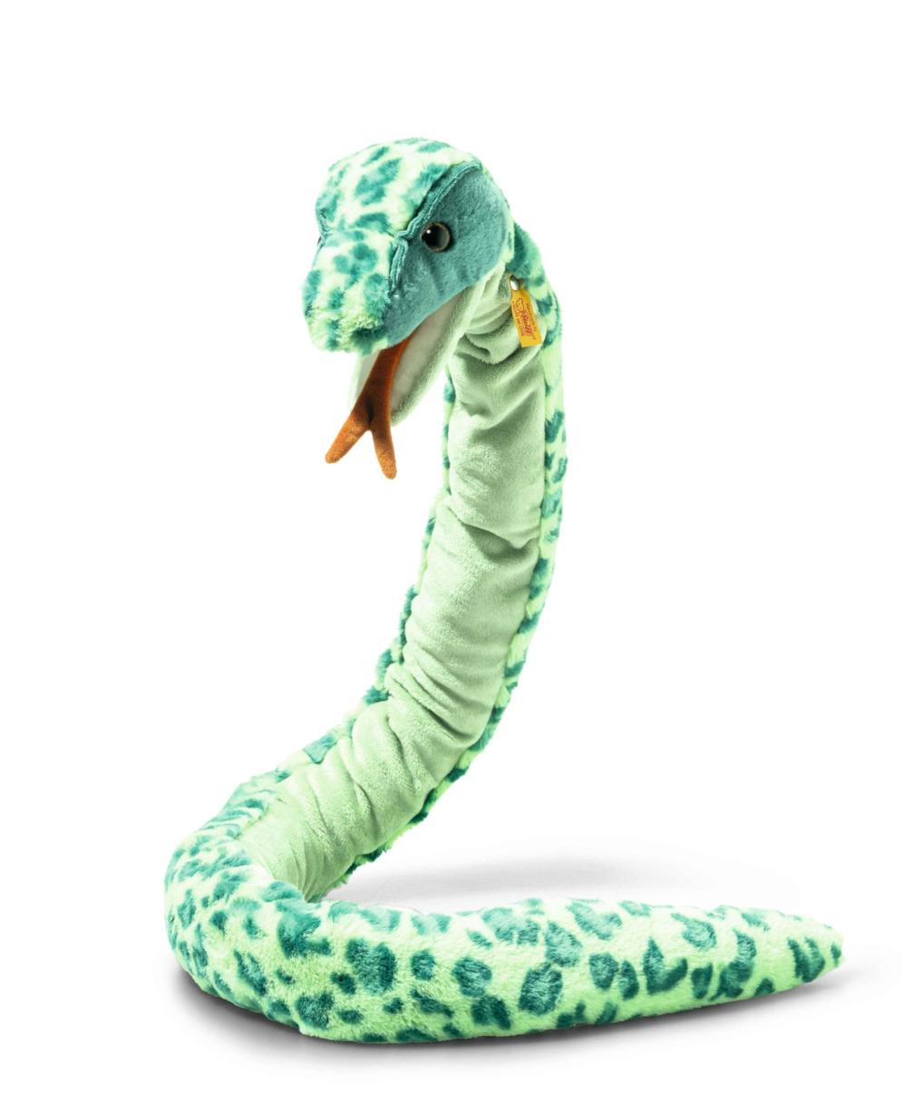 Plush Green patterned snake toy with open mouth and tongue out, soft and realistic, called Snake Gin.