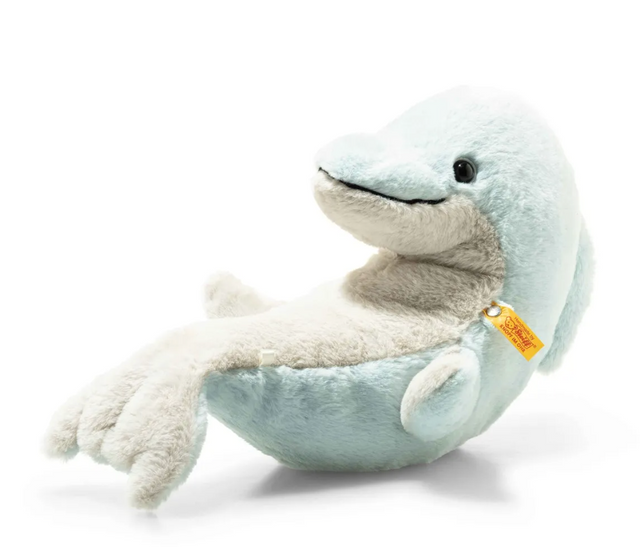 Dolphin Denny plush toy in soft blue and white fabric, perfect for cuddling and machine washable for kids age 3 and up.