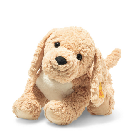 Goldendoodle Berno plush dog with soft beige fur, smiling face, floppy ears, and kid-safe eyes ready for cuddles and play.
