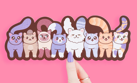 Funny Cats Bookmark featuring a row of colorful big-booty cartoon cats on ultra-thick matte cardstock.